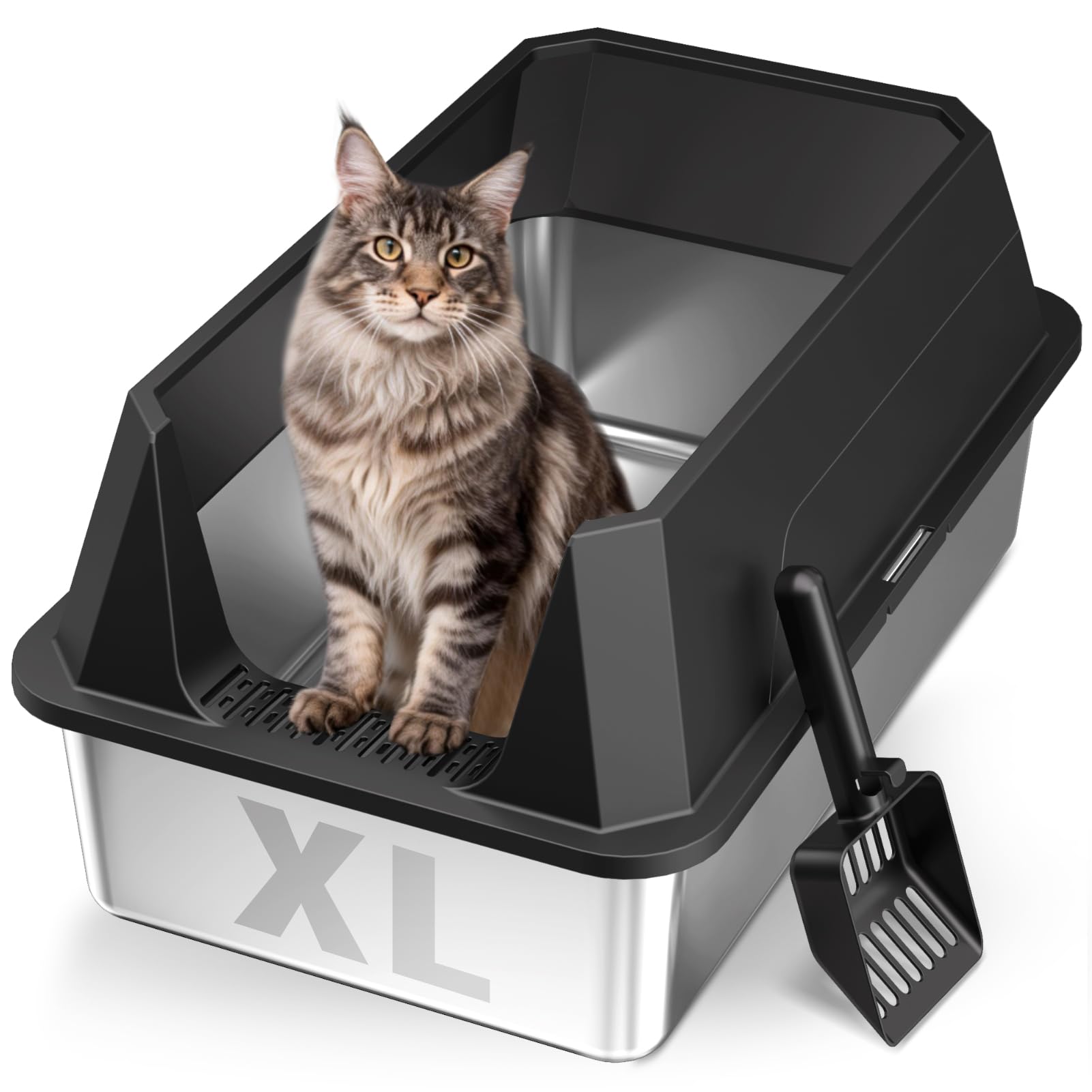 Stainless Steel Litter Box with High Sides Lid, XL High Sided Cat Litter Pan, Open Top Extra Large Metal Cat Litter Box, Non-Stick Leakproof, Litter Scoop Included, Black