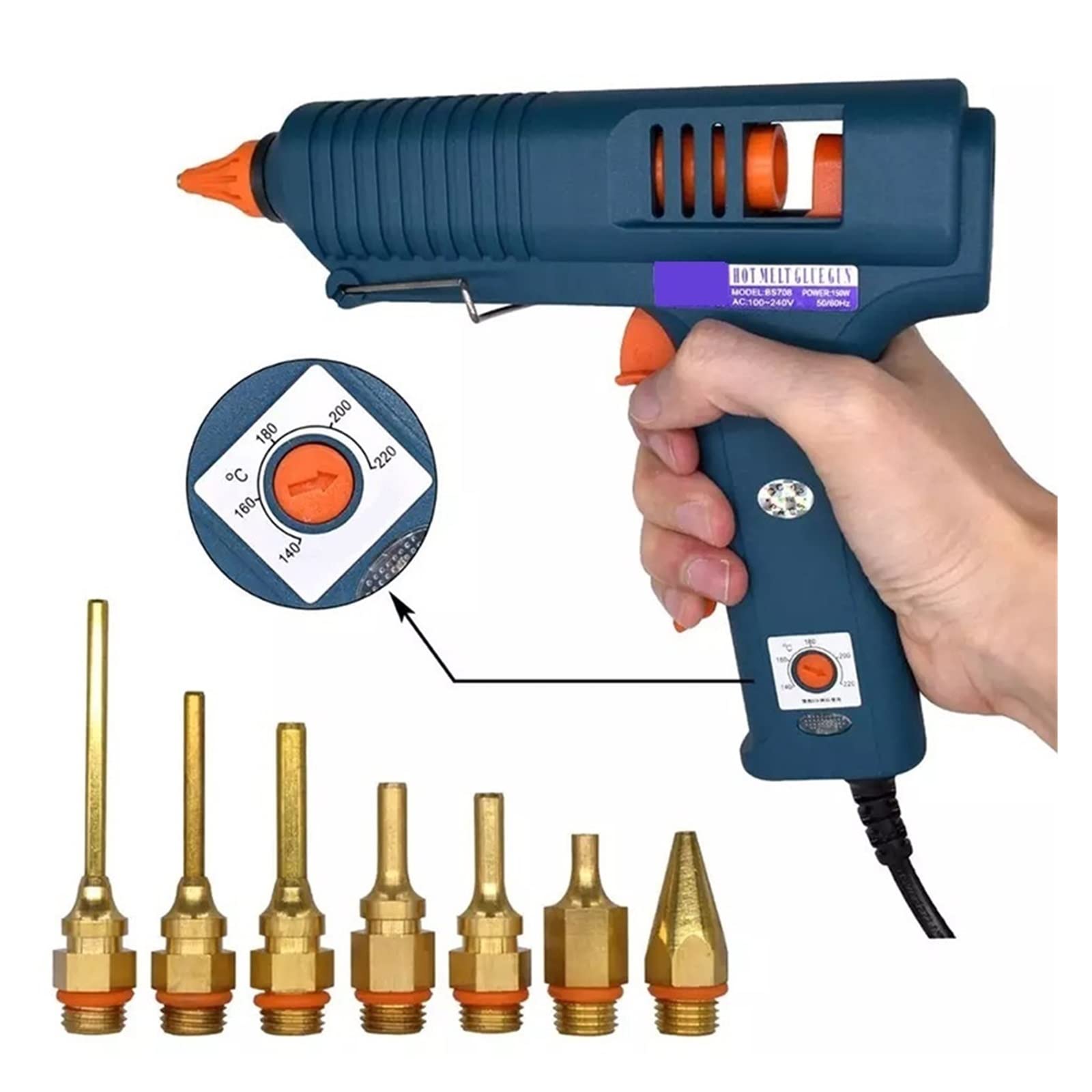 Pistola For Colla A Caldo Da 150 W Con Controllo Della Temperatura For La Produzione Industriale Fai-da-te Domestica Utilizzare Bastoncini Di 11 Mm Ugello In Rame Puro(SET-8)