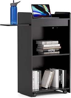 Podium Stand,Wood Podium with Side Shelf,Lockable Wheels,45"Lectern with 15MM Particle Board,Wooden Pulpit for Churches, Seminars and Schools (Black)