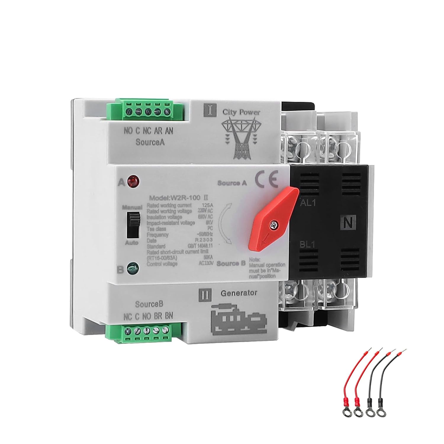 Mini ATS Automatic/Manual Transfer Switch 2P 125A AC110V, 2POLE 125amps ATS Dual Power Transfer Switch for Home Generator,Din Rail Mounted 110V Manual Transfer Switch Fast Transfer ATS 2P 125A AC110V