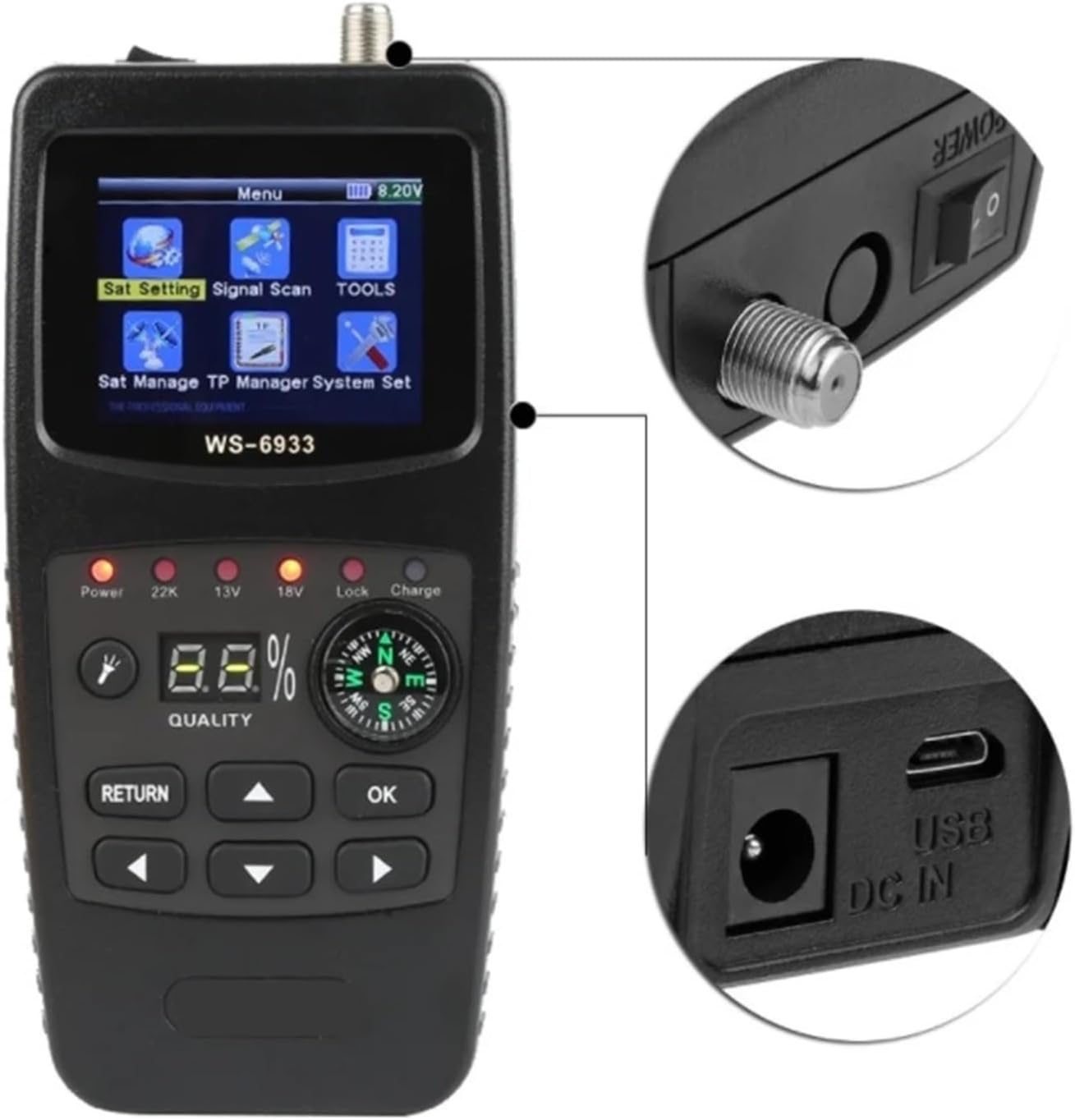 WS-6933 DVB-S2 デジタル衛星ファインダーメーター 2.1 インチ LCD ディスプレイ 7.4V/800mAh バッテ