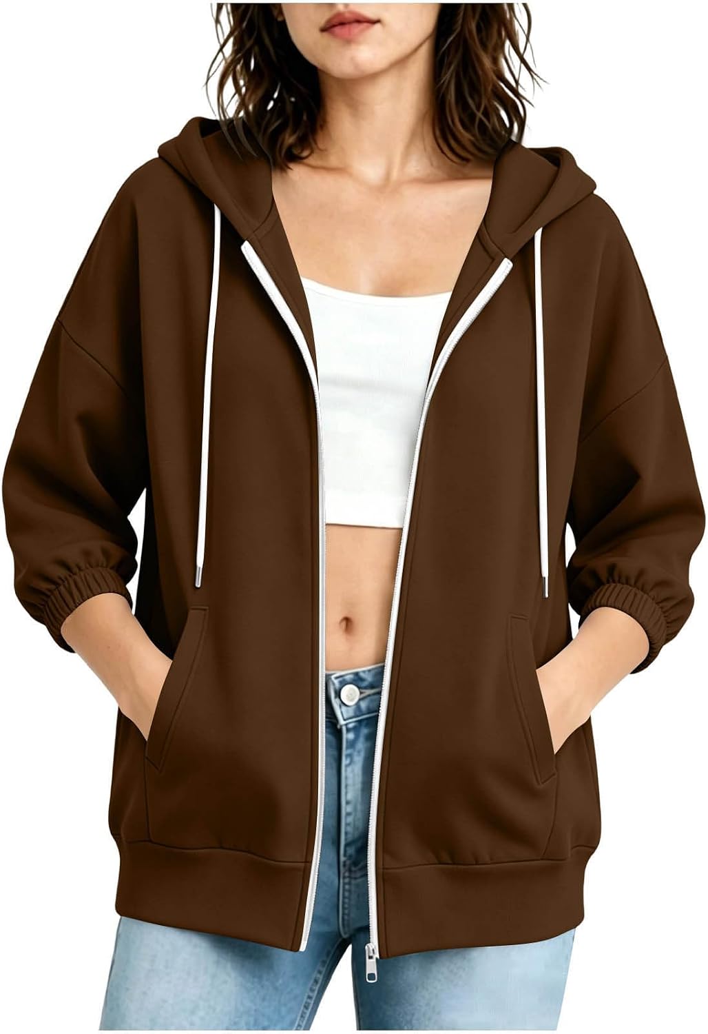 Womens 3/4 Sleeve Zip Hoodie Elastic Cuff Drawstring Hooded Jacket Trendy Fall Winter Casual Oversized Sweatshirts