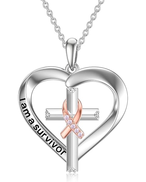 PEIMKO Breast Cancer Awareness Survivor Jewelry Gifts for Women, 925 Sterling Silver Breast Cancer Survivor Heart Pendant Necklace for Women Post Surgery Survivor Chemo