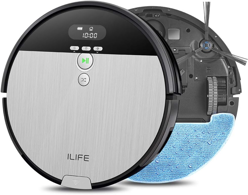 ILIFE V8s Robot Vacuum and Mop Combo, Big 750ml Dustbin, Enhanced Suction Inlet, Zigzag Cleaning Path, LCD Display, Schedule, Self-Charging Robot Vacuum Cleaner, for Hard Floor and Pet Hair.