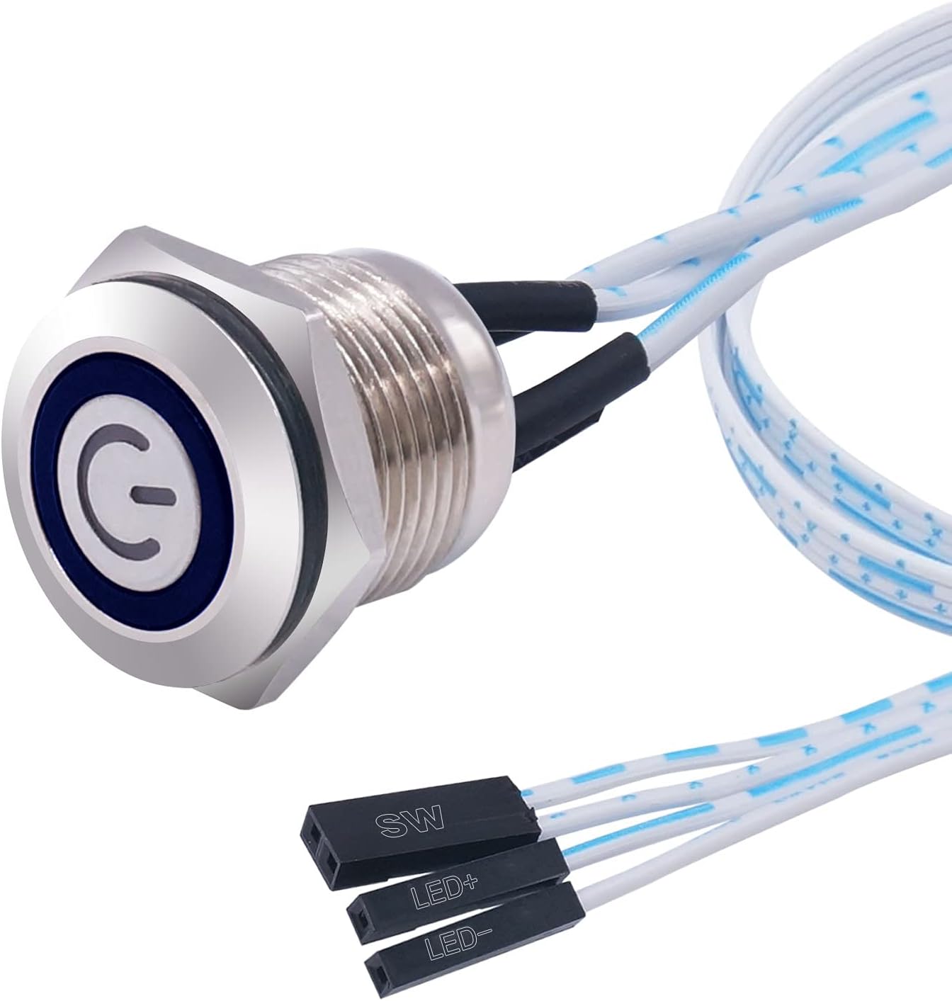 weideer 16mm Momentary Push Button Switch Metal Chassis Switch Waterproof 6V Blue Ring LED Power Symbol Light ON/OFF Switch With Wire for 16mm 5/8" Mounting Hole M-16-POWER-T-BU-X