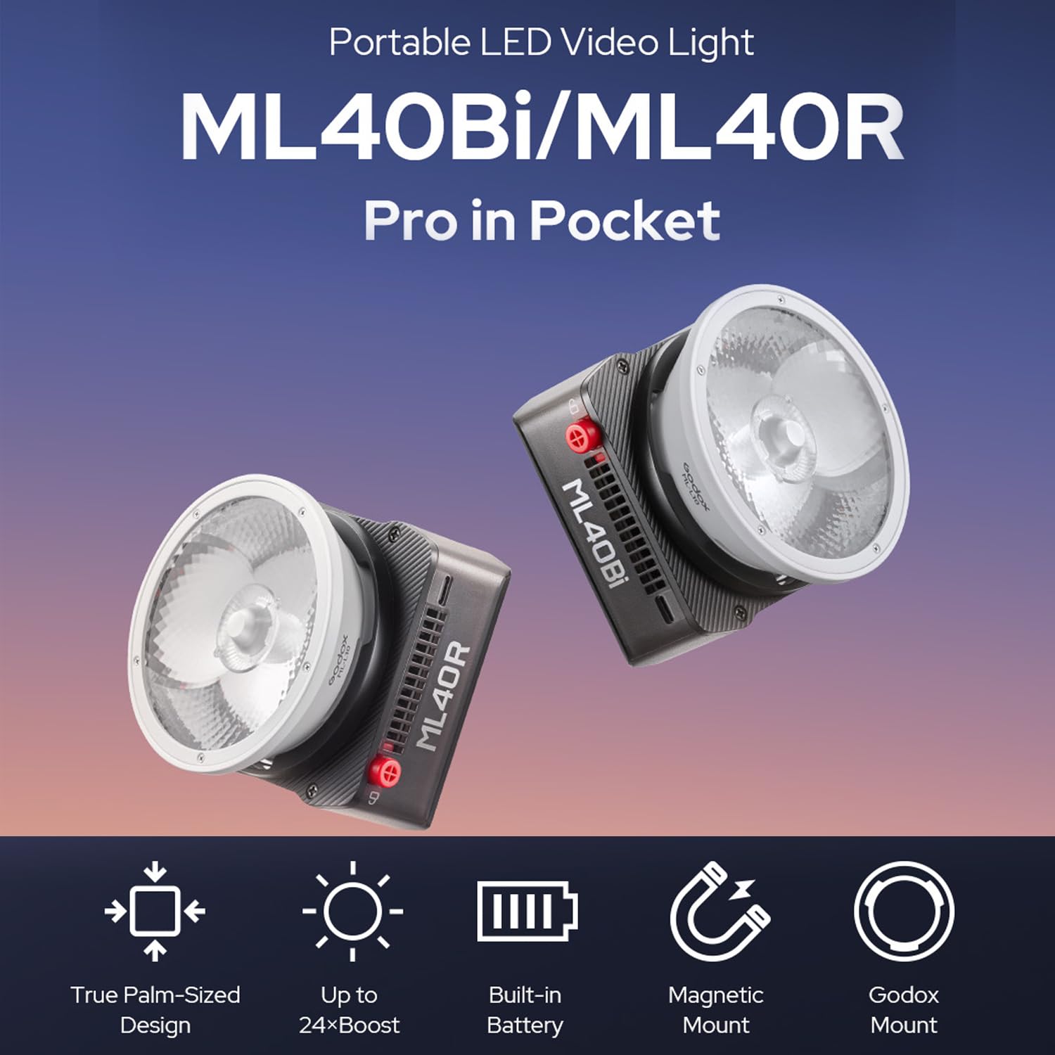 Godox ML40Bi Magnetische LED-Videoleuchte mit ML-10 Linsenreflektor, 2800K-6500K Fotoleuchte, CRI＞96, 11FX-Lichteffekte, Integrierter Lüfter, 30m Bluetooth-Steuerung mit Godox-Mount