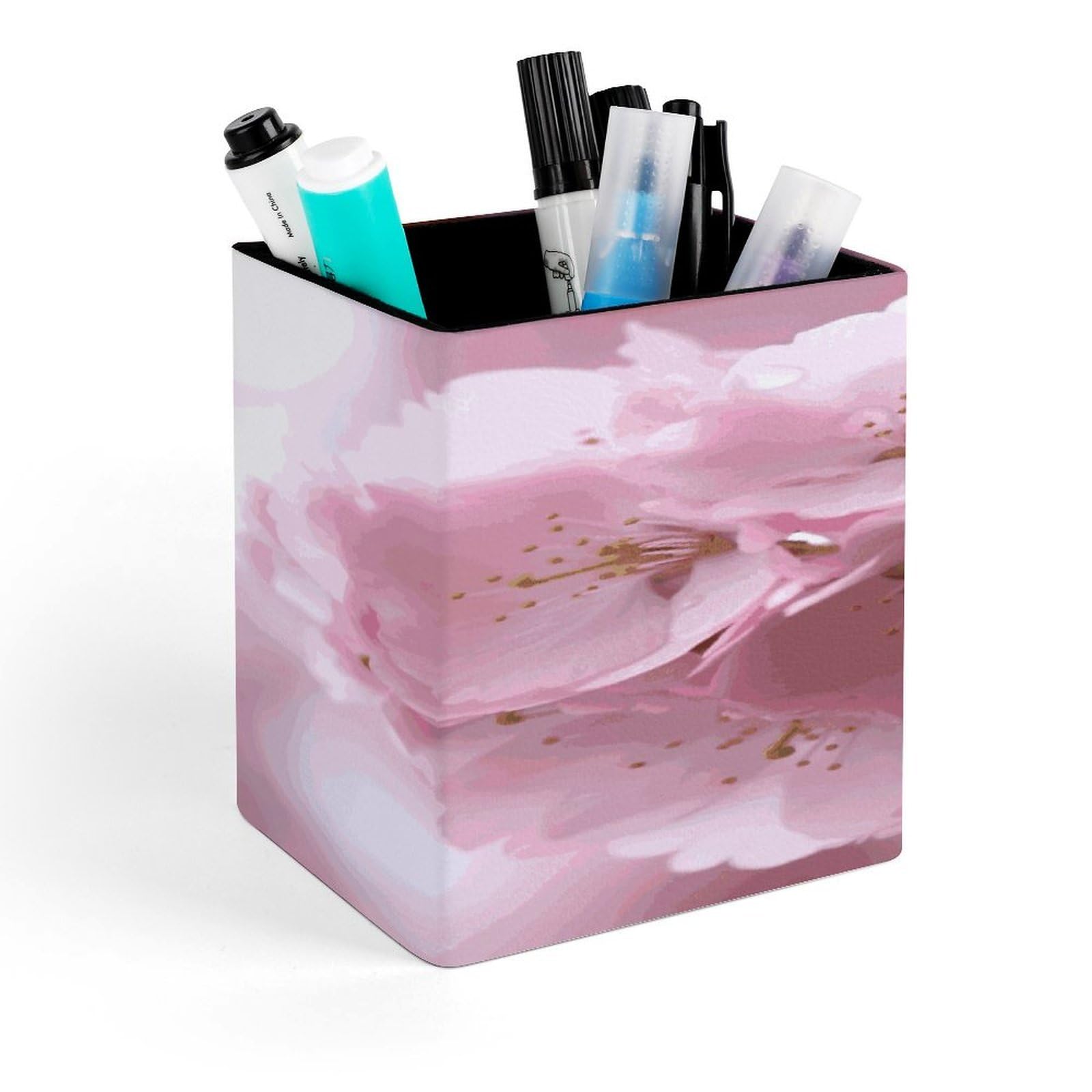 MUSM Pink Cherry Blossoms Pen Holder Square PU Leather Desktop Organizer And Makeup Brush Holder Storage Box Modern Design Stationery Organizer for Office Desk Accessory