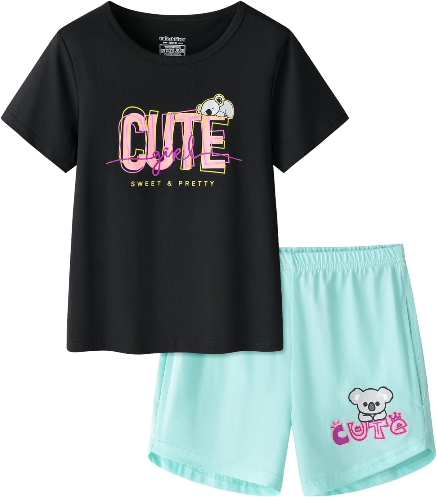 UNICABBIT21 Black Koala Summer Pajamas for Girls Big Kids Cute Cartoon Nighty Sleepwear 2-Piece Short Sleeve Set Size 6-16