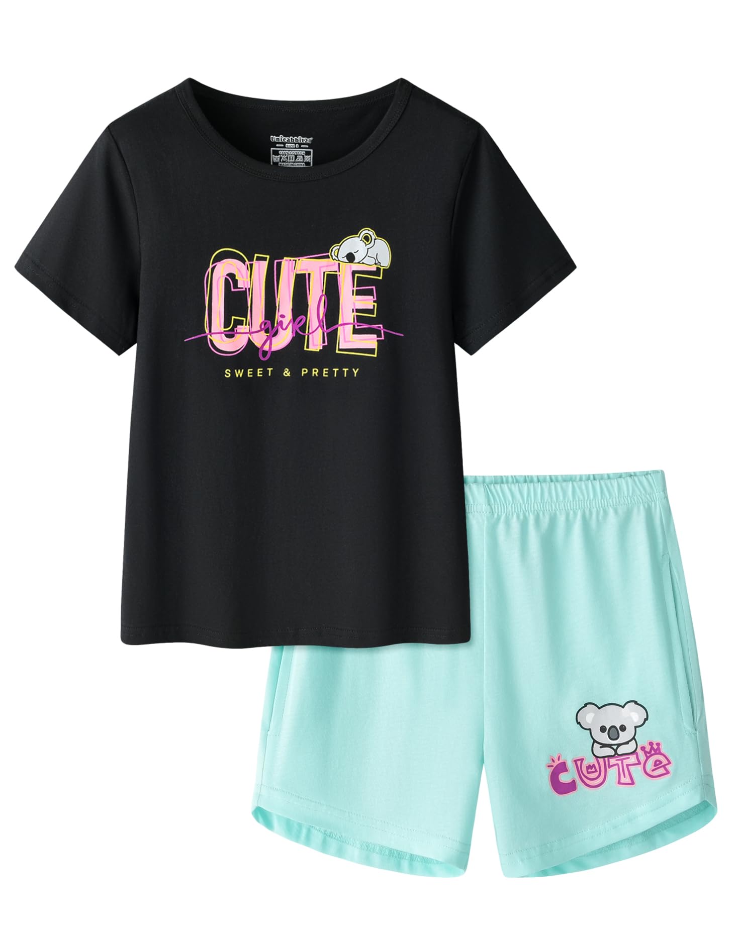 UNICABBIT21 Black Koala Summer Pajamas for Girls Big Kids Cute Cartoon Nighty Sleepwear 2-Piece Short Sleeve Set Size 6-16