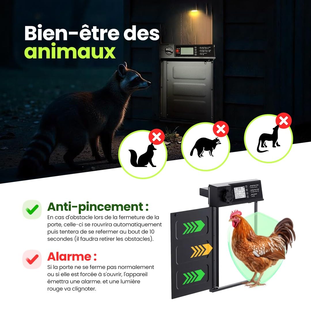 Porte Poulailler Automatique Solaire | Température & Humidité Idéales pour la Santé des Poules | Utilisation & Installation Ultra Simples | Aluminium Renforcé Tout Temps | Autonomie Longue durée