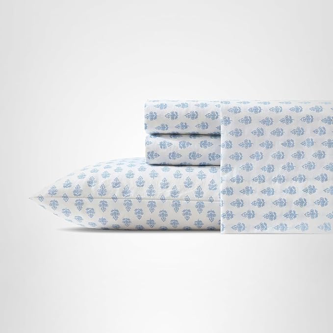 Laura Ashley - King Sheet Set, Crisp & Cool Cotton Percale Bedding with Deep Pockets, Lightweight for Year Round Comfort, Bed Sheets with Matching Pillowcases (Francesca Blue)