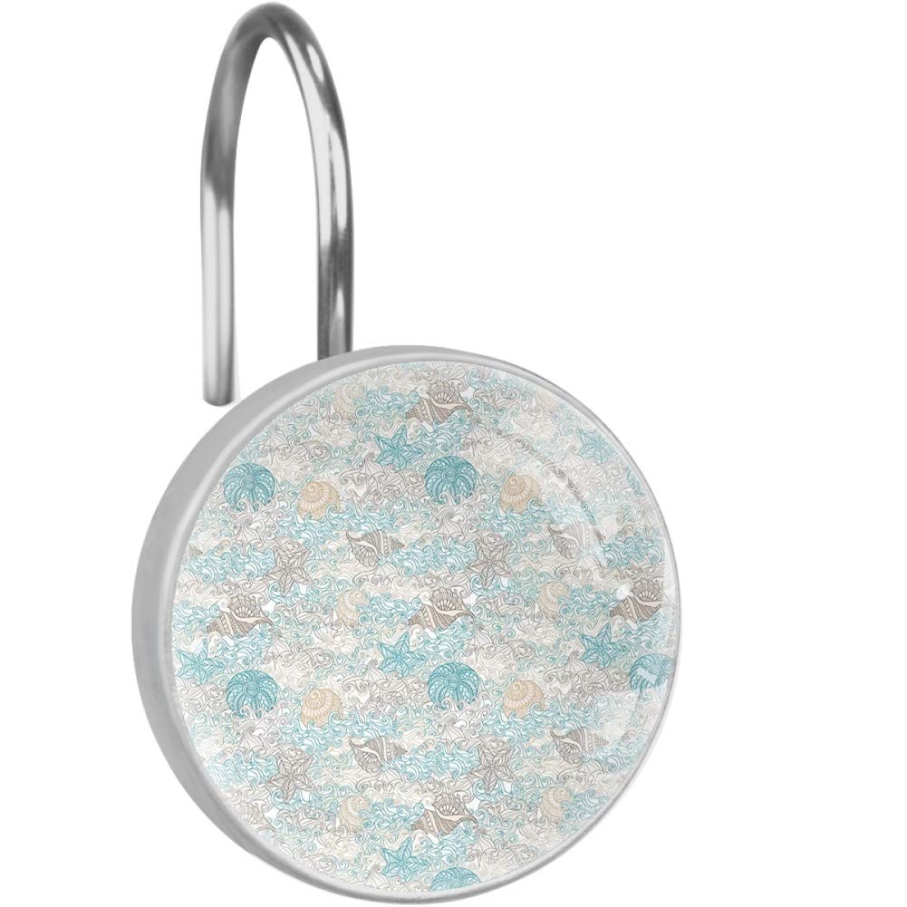 Nautical Shower Curtain Hooks, Pastel Toned Sea Shell Starfish Mollusk Seahorse Coral Reef Motif Design,12 Piece Crystal Grass Decorative Rolling Shower Curtain Rings Hooks for Bathroom