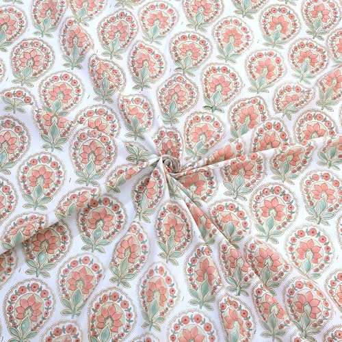 Image of TOAI Hand Block Printed Bedsheet | Bed Sheet Flatsheet | Pure Cotton | Double Bed Queen Size 90 inchx108 inch | 300 TC Bedsheets | Includes 2 Pillow Covers (Peach Green White)