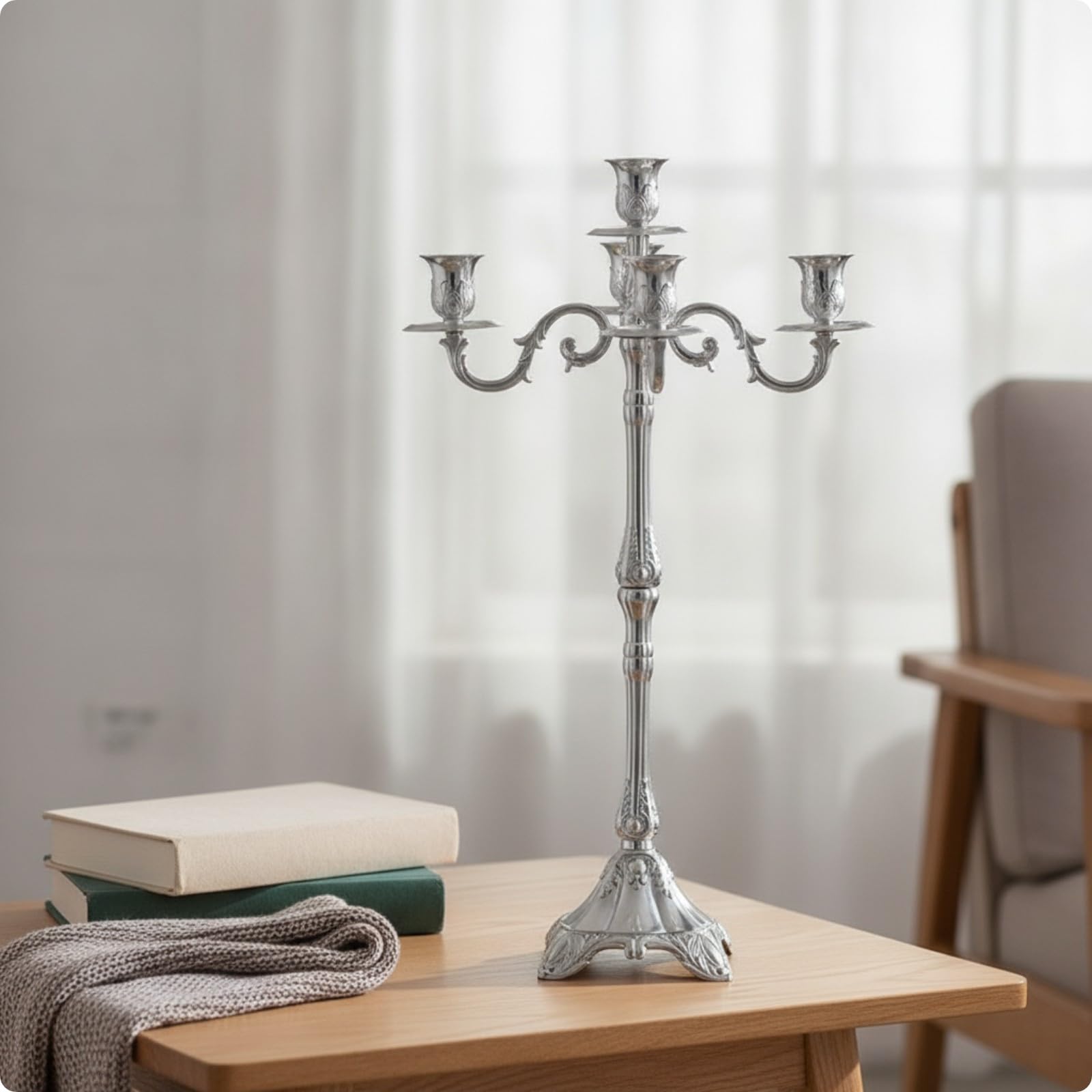 Candelabro a Cinque Braccia Elegante, Argento, 65 Cm