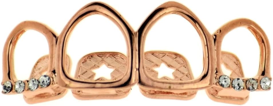 14k Rose Gold Plated Four Open Face Tooth Grillz Iced Upper Row Top Teeth Hip Hop Mouth Grills