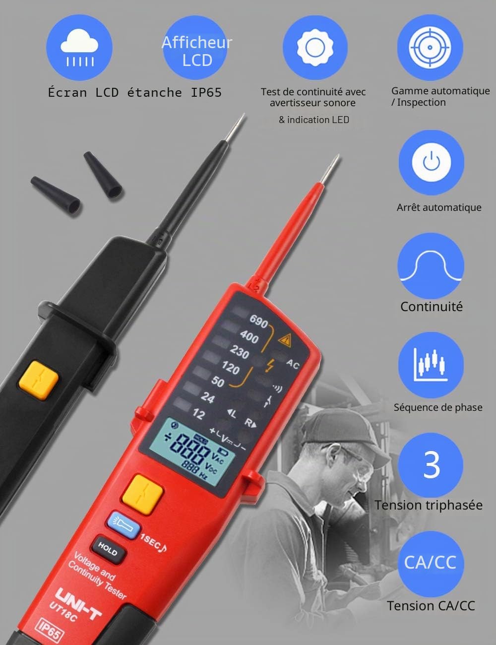 UT18C Testeur de Tension Multifonction Étanche 12 V~690V AC/DC LCD
