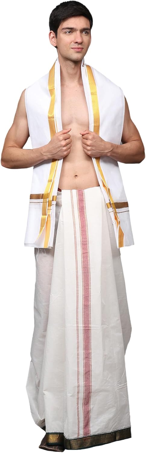 Exotic India Bright White Pure Cotton Angavastram for Men Traditional Indian Stole with Exquisite Golden Thread Work Border