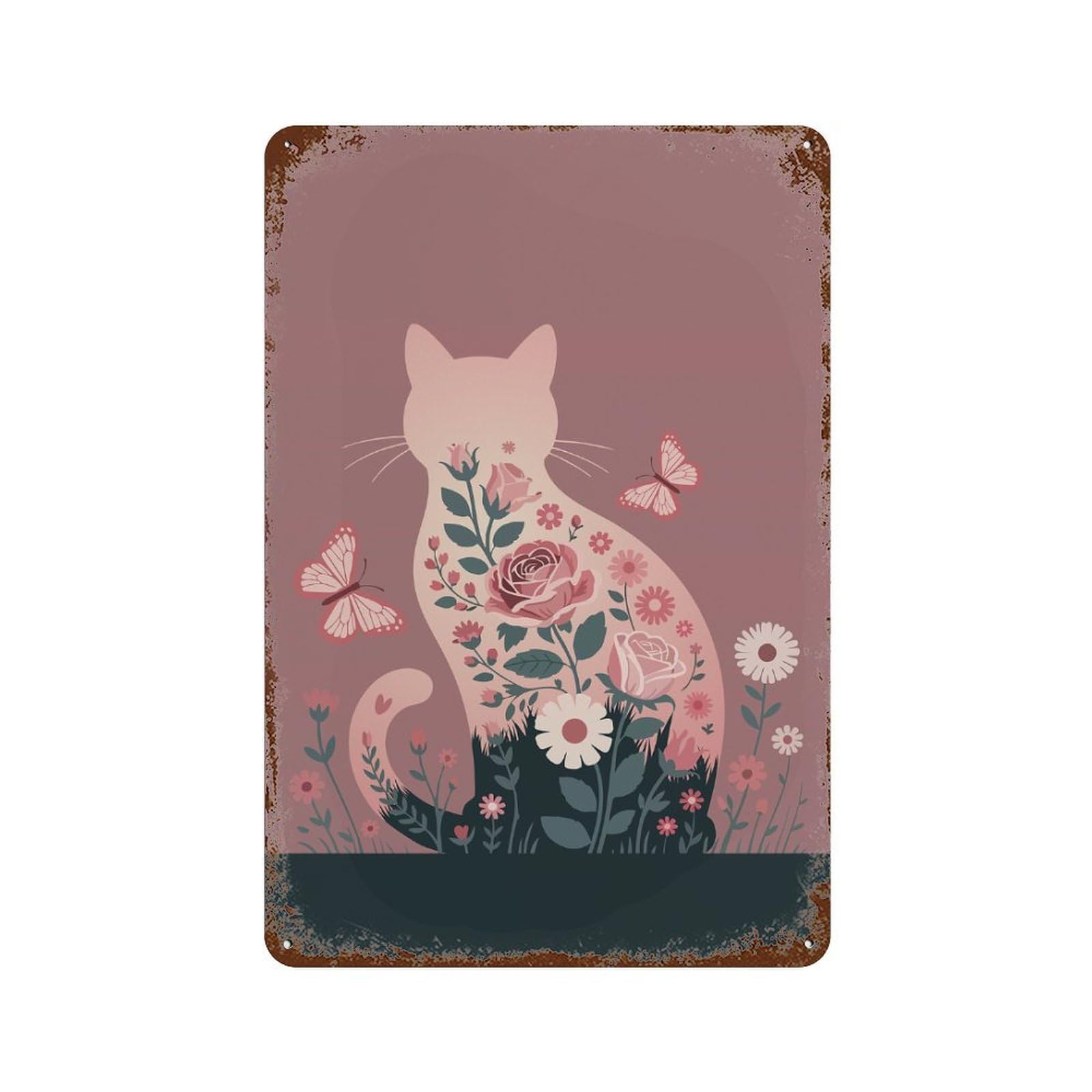 Rusty Metal Tin Sign with Floral Cat Silhouette with Butterflies Design 11.8"x7.9", for Shed, Workshop And Garage Wall Decor, Classic Wall Plaque