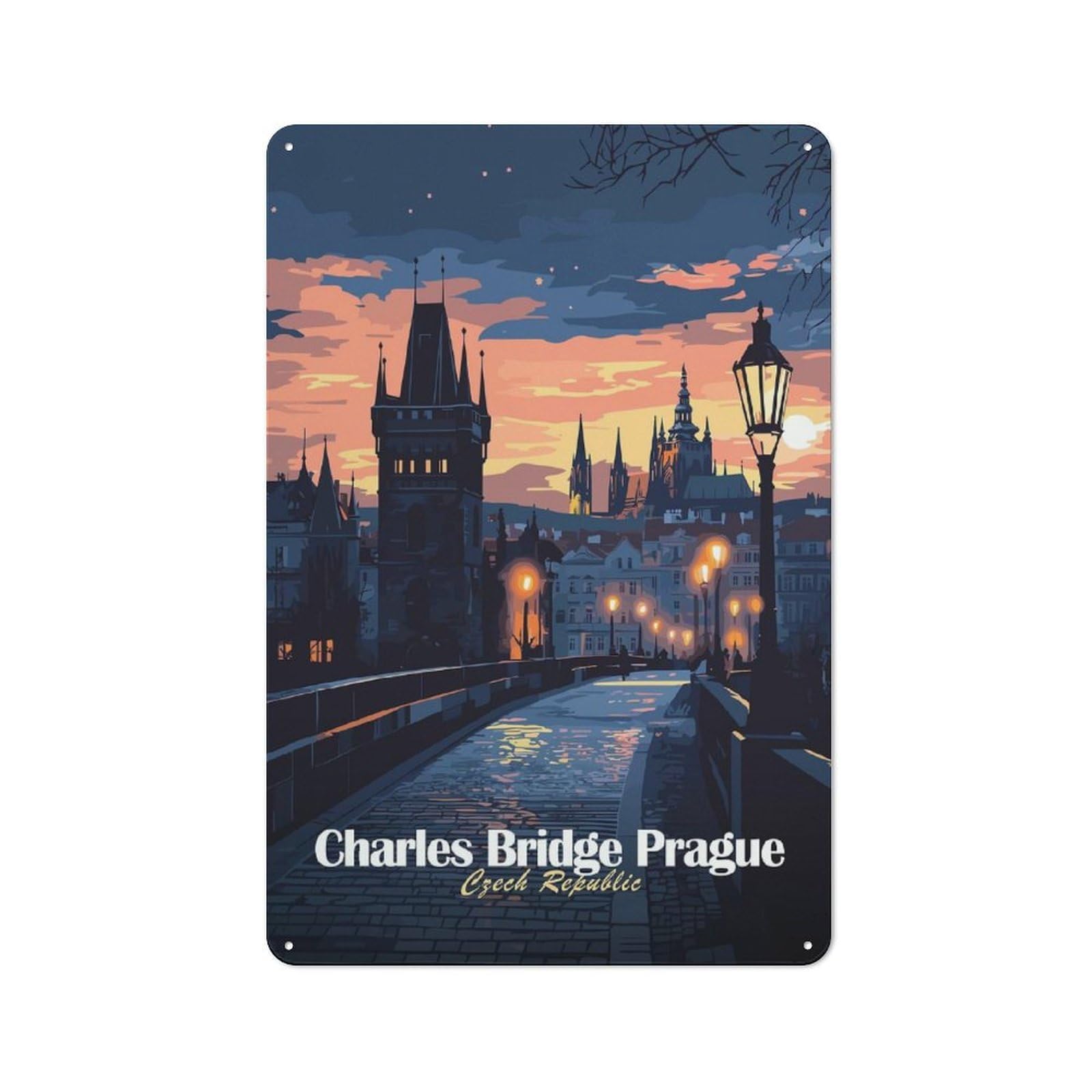 Junmoney Style-21 Charles Bridge Prague Vintage Metal Sign 30X20cm, Shop Front Style Cafe Wall Decor For Takeaway, Bar, Kitchen Or Counter Area