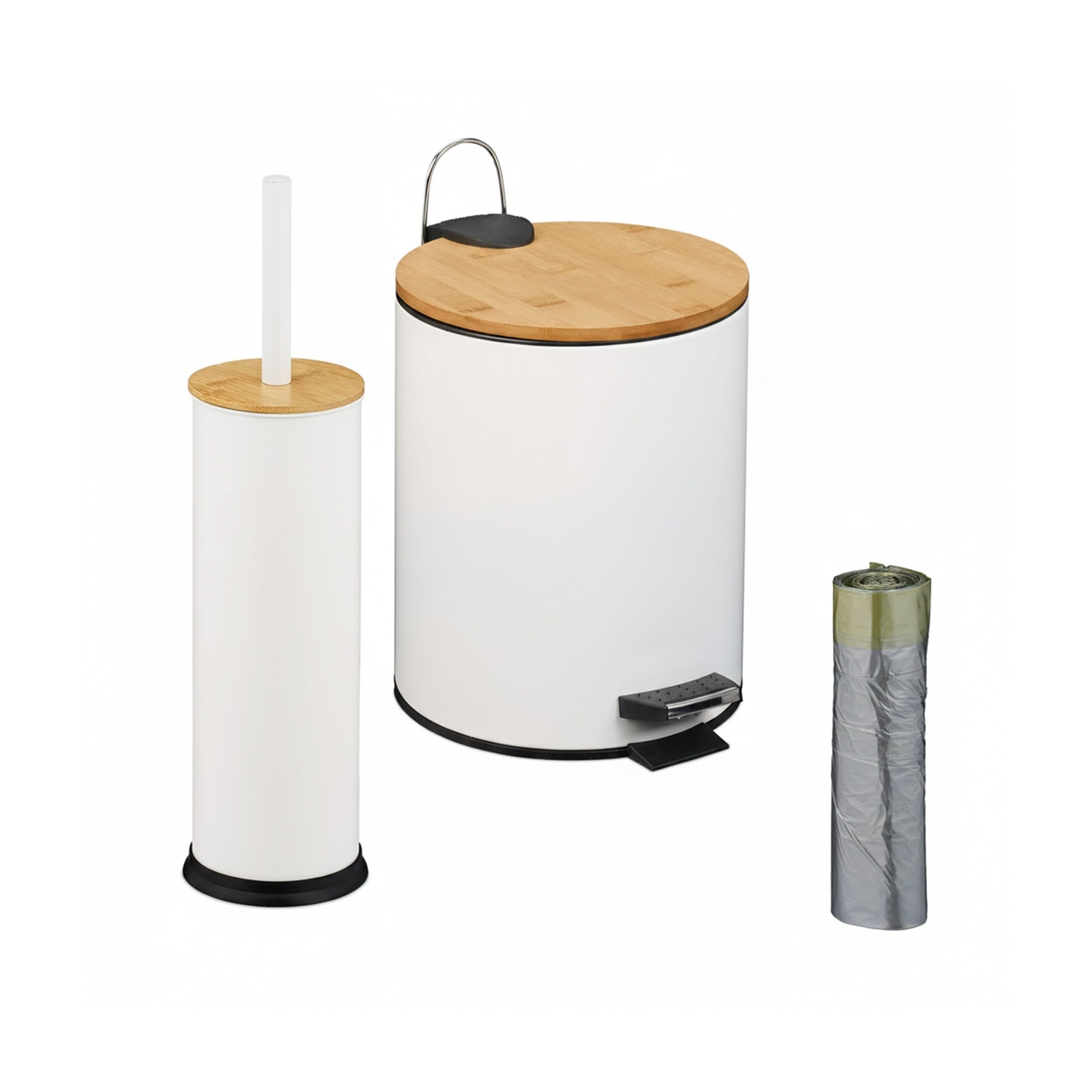 Relaxdays Set da Bagno con 2 Accessori, Pattumiera da 5 L e Portascopino con Spazzola WC, Ferro e bambù, Naturale Bianco