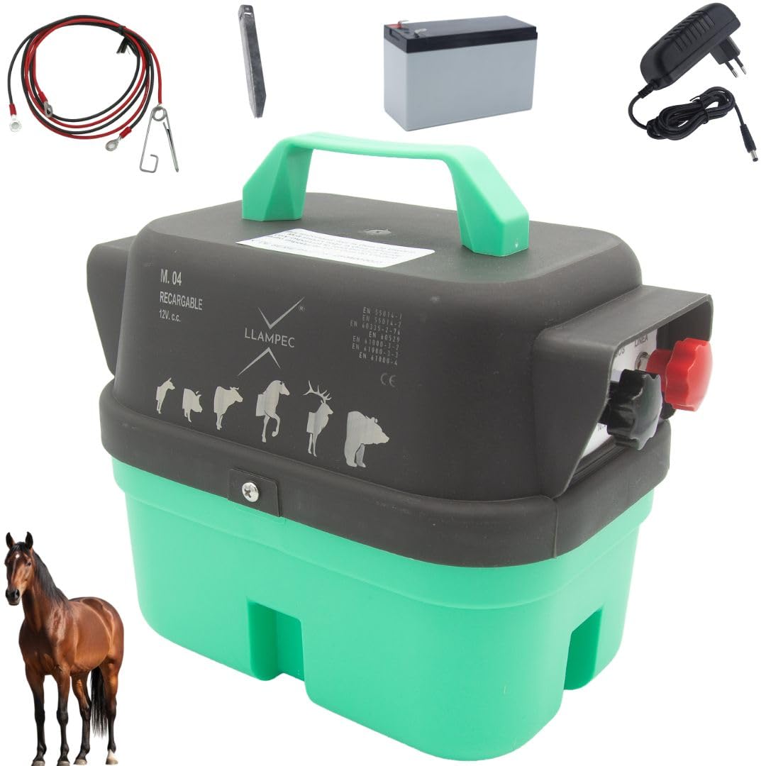 Llampec Pastor Eléctrico Recargable Mod.04 con Batería 12v 7Ah Incluida – 1,6 J - 9.500 V y 10 km de Alcance – Cerca eléctrica para Perros, Caballos, Cerdos y Vacas – Fabricado en España