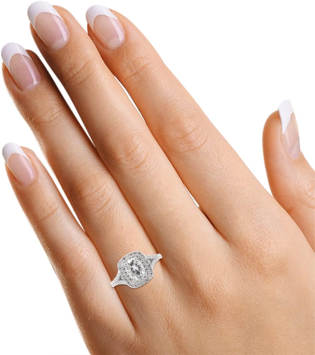 SAVEARTH DIAMONDS 1 1/2 ct. t.w Center 5X7MM Oval Cut Lab Created Moissanite Diamond Double Halo Engagement Ring For Women In 14k Gold Over Sterling Silver (VVS1 Clarity, 1.50 Cttw)