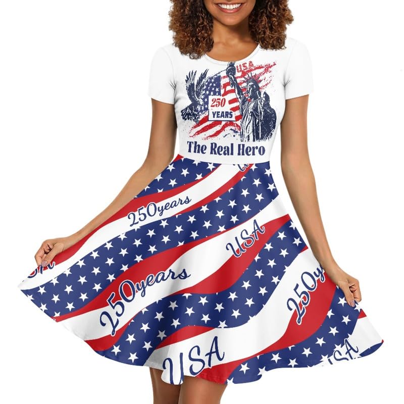 Image of Irisjudy T Shirt Dress for Women Short Sleeve Girls Short Sleeve Dress Plus Size, O Neck Knee Length Midi Dress for Ladies