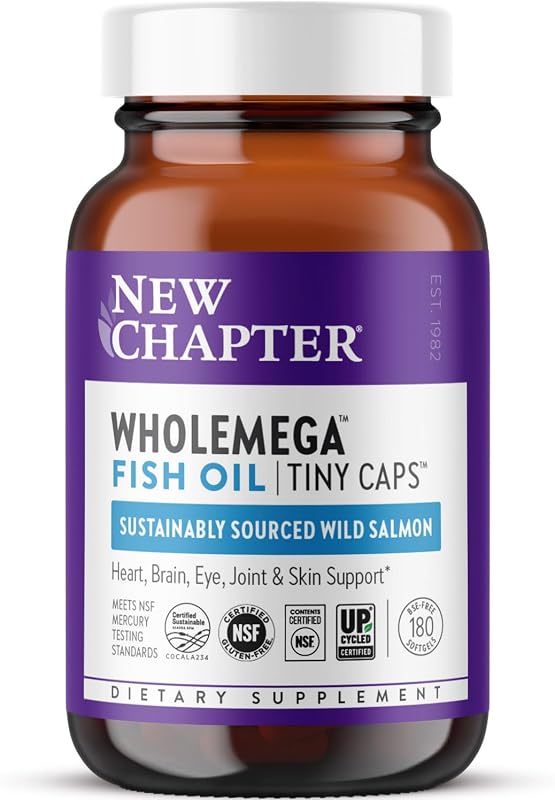 New Chapter Wholemega Tiny Capsule Aceite de pescado, 180 unidades | 2000 mg por porción, aceite de salmón salvaje de Alaska con omega-3, vitamina D3 y astaxantina, 500 mg cada uno, clínicamente probado