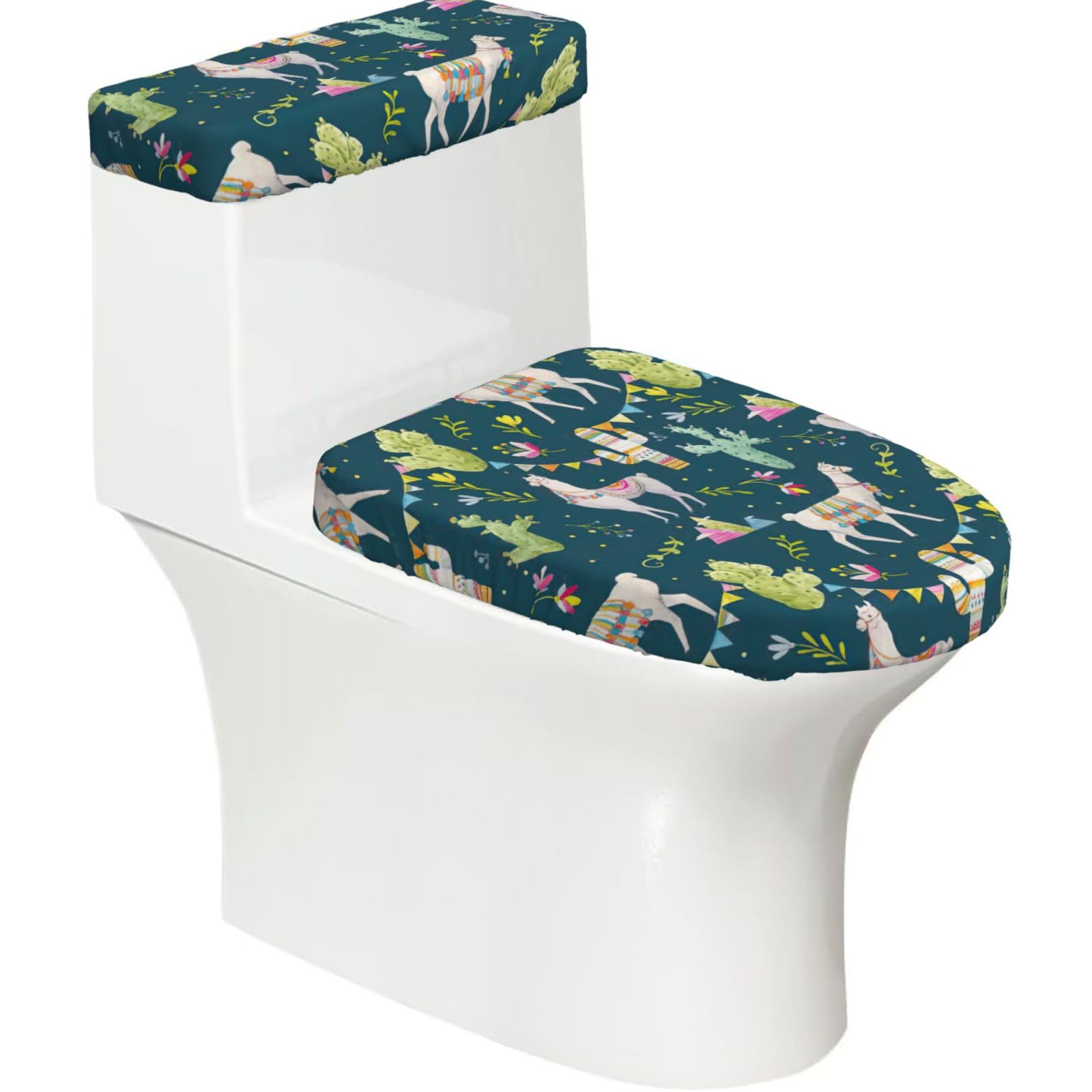 Yqxwjl Black Llama Animal Alpaca Tropical Cactus Print 2-Piece Stretch Toilet Cover Set, Elastic Breathable Toilet Seat And Tank Lid Protector