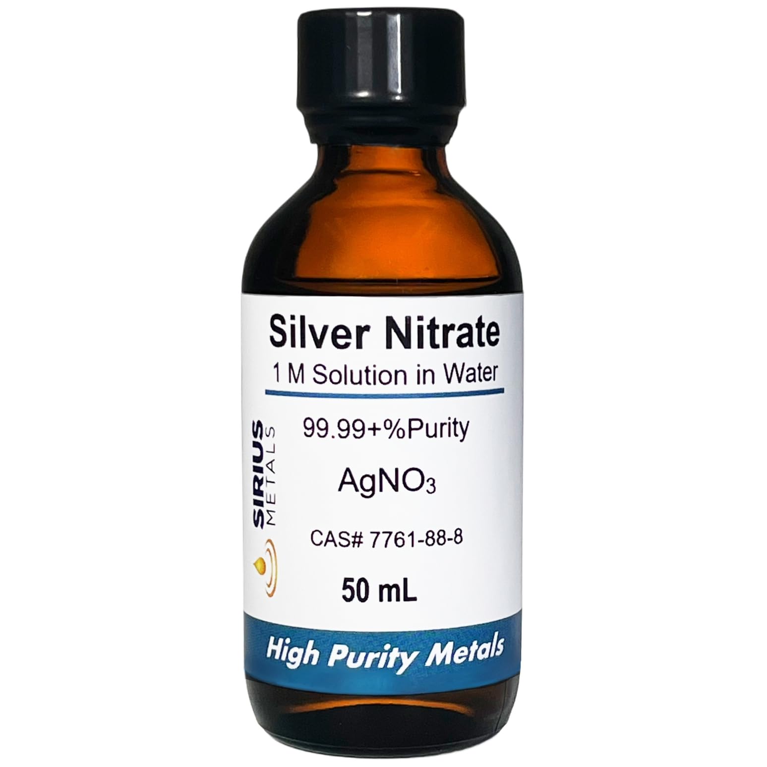 Silver Nitrate Solution (CAS# 7761-88-8) - 1 Molar (1M) AgNO3 Solution in Water - 99.99+% Purity: 50 mL in Amber Glass Bottle