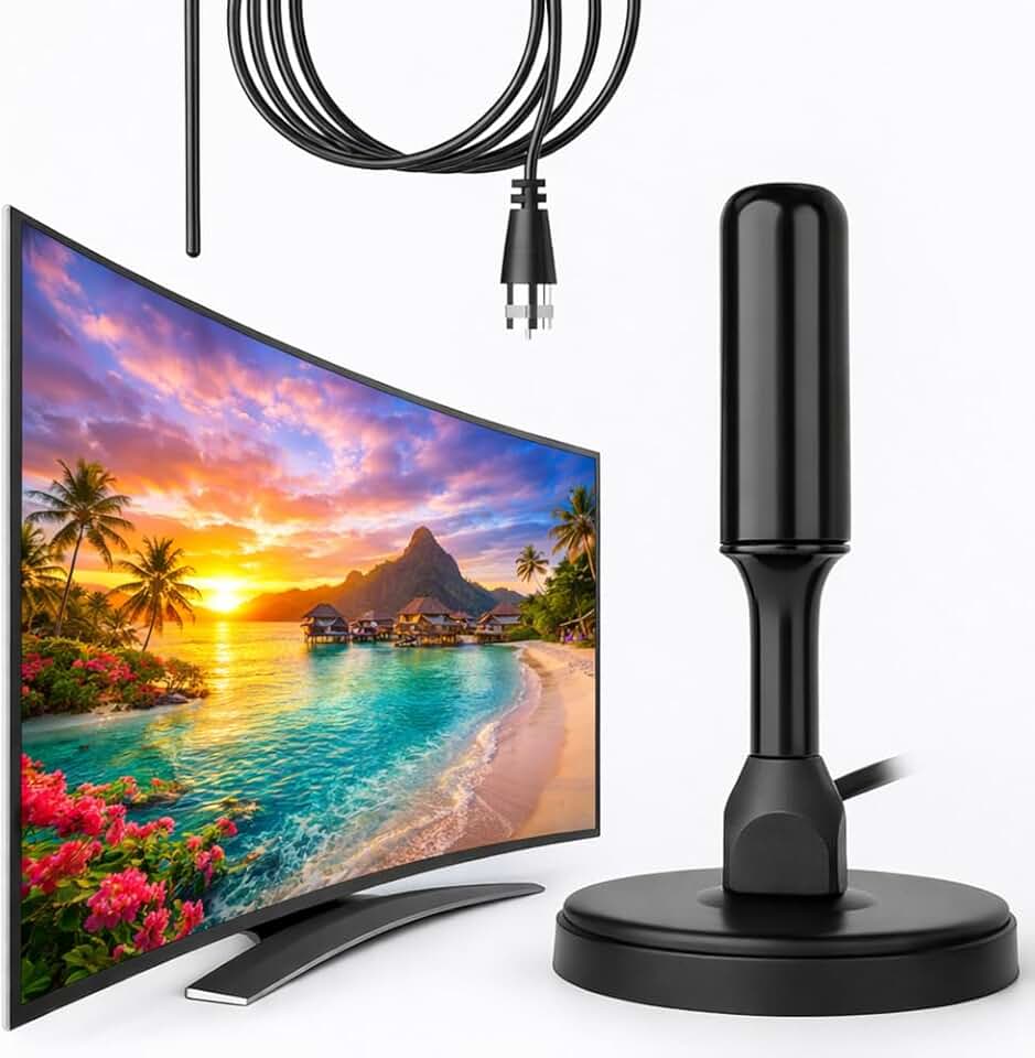 Antena Digital TV Interna Externa Amplificada HDTV 4K UHF VHF FM, Resistente à Água, Compatível com Samsung, LG, Philco, APC, Philips, Smart TV, LED, LCD, 3D, Cabo 5 Metros, com Imã, Premium