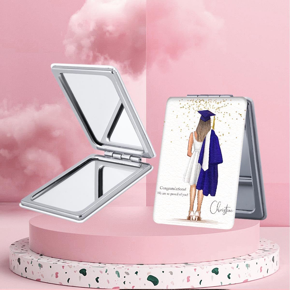 Portable Makeup Mirror, Mini Folding Rectangular Handheld Mirror Double Sided Magnifying Mirror, Campus Style Graduation Season Design, Lightweight and Compact for Travel and Various Occasions