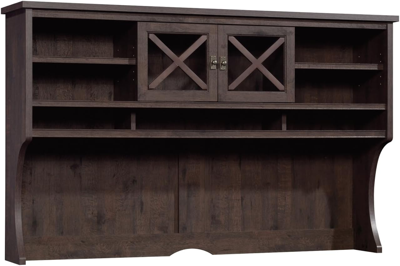 Brown Hutch with Adjustable Shelves and Framed Glass Doors for Home Office Storage