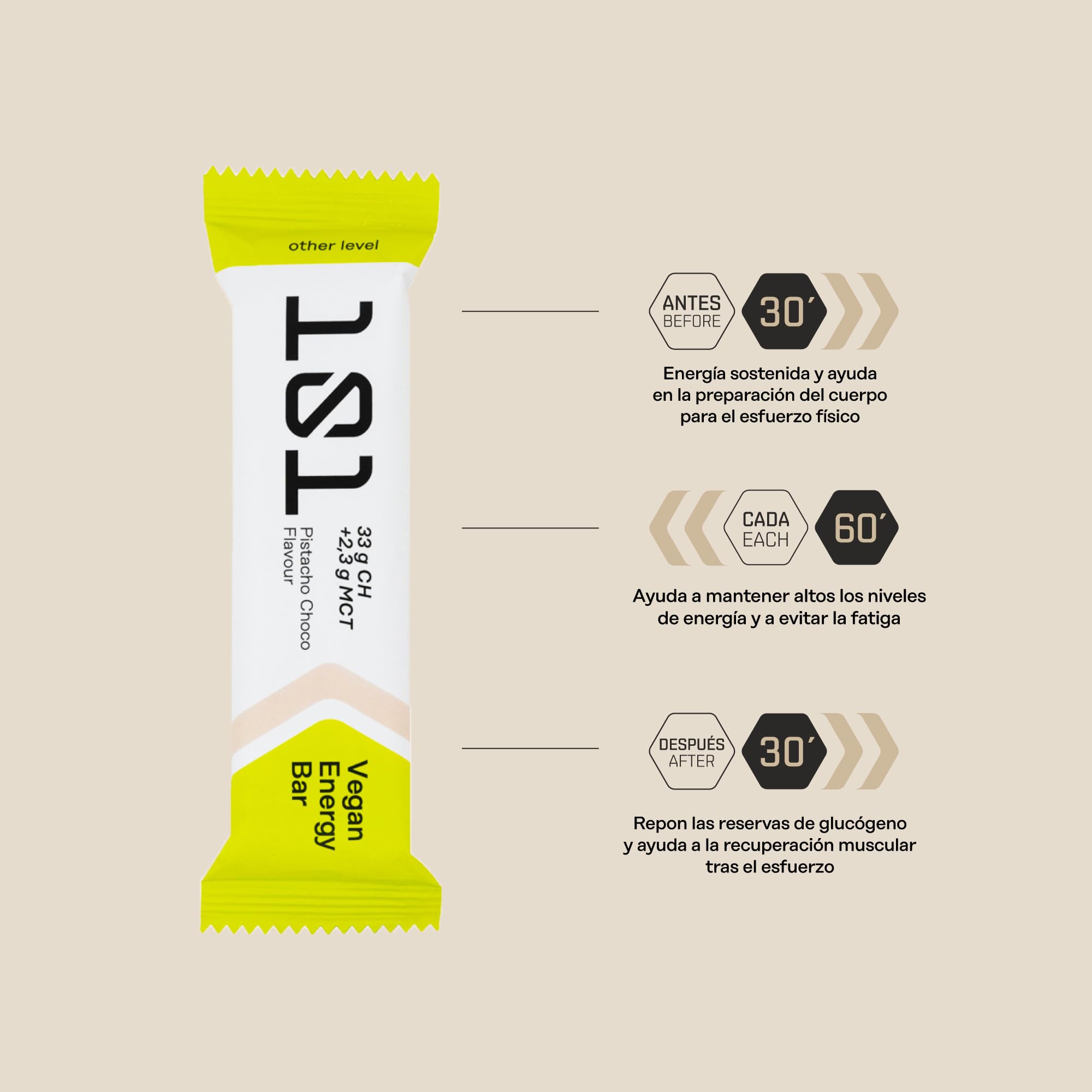 101 Other Level Barritas Energeticas Pack 30 x 51 g - Sabor Pistacho y Chocolate Negro - 28% Copos de Avena, Arroz Extrusionado y MCT C8, SIN GLUTEN - VEGAN PROTEIN - Barritas Energeticas Ciclismo