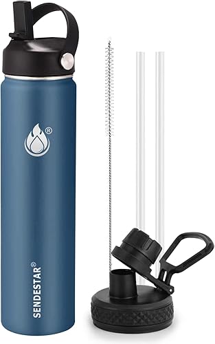 Botella de agua aislada de 24 onzas con popote, botella de agua de boca ancha de acero inoxidable, doble pared al vacío a prueba de fugas con tapa