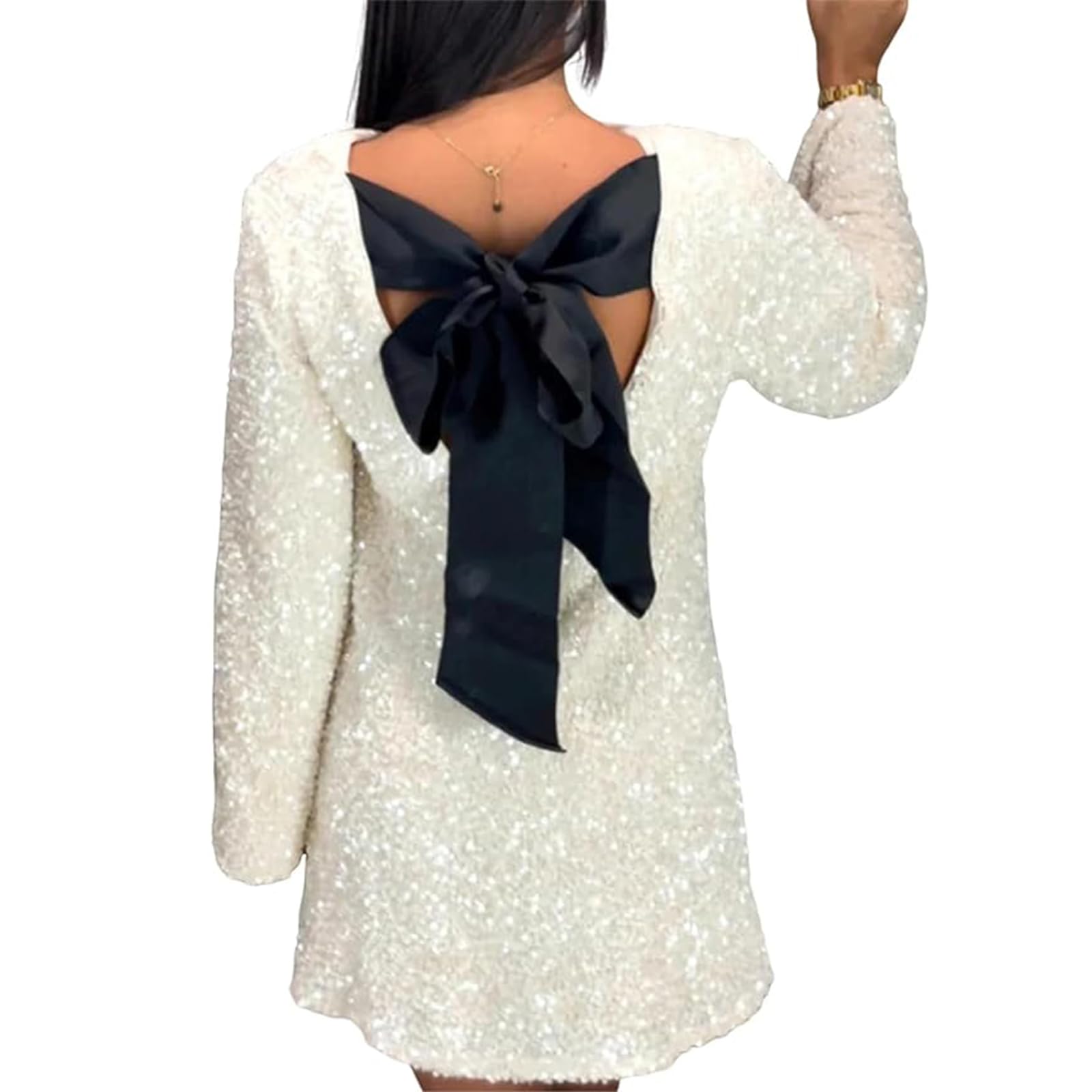 Vestido corto de lentejuelas para mujer, ajuste holgado, manga larga, acampanado, con lazo en la espalda, vestido corto de lentejuelas, vestido de concierto, vestido de festival