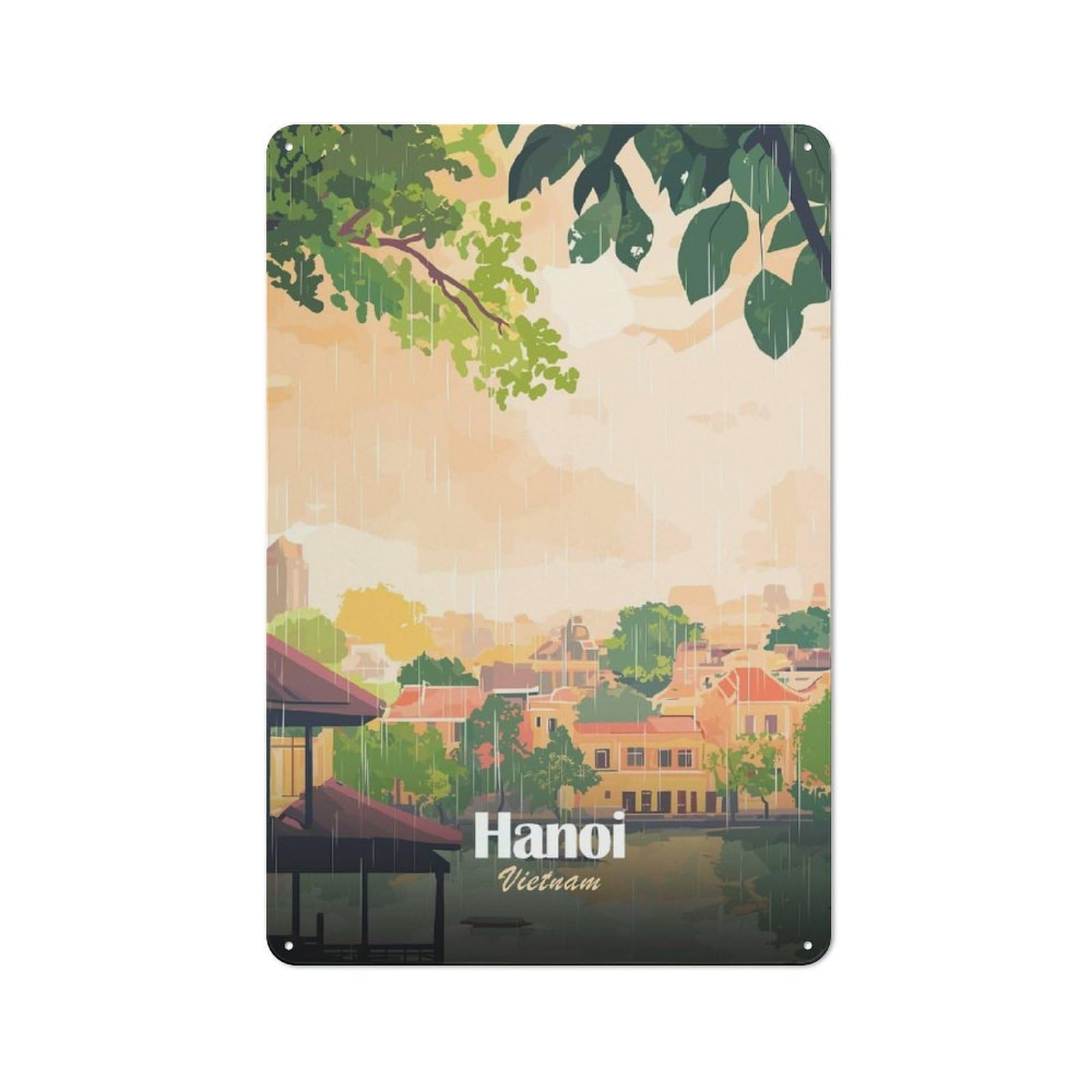 Junmoney Style-2 Country Metal Sign With Hanoi, Vietnam In The Rain Design 30X20cm, Barn Style Rustic Kitchen Decor For Farmhouse Kitchen, Pantry Or Dining Area
