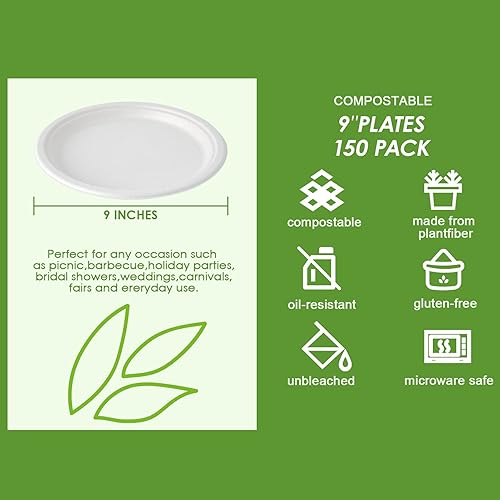 Miniatura 3 de Vplus Paquete de 150 platos de papel de 9 pulgadas y paquete de 200 cuencos de papel de 12 onzas, súper fuertes, 100% bagazo, natural,