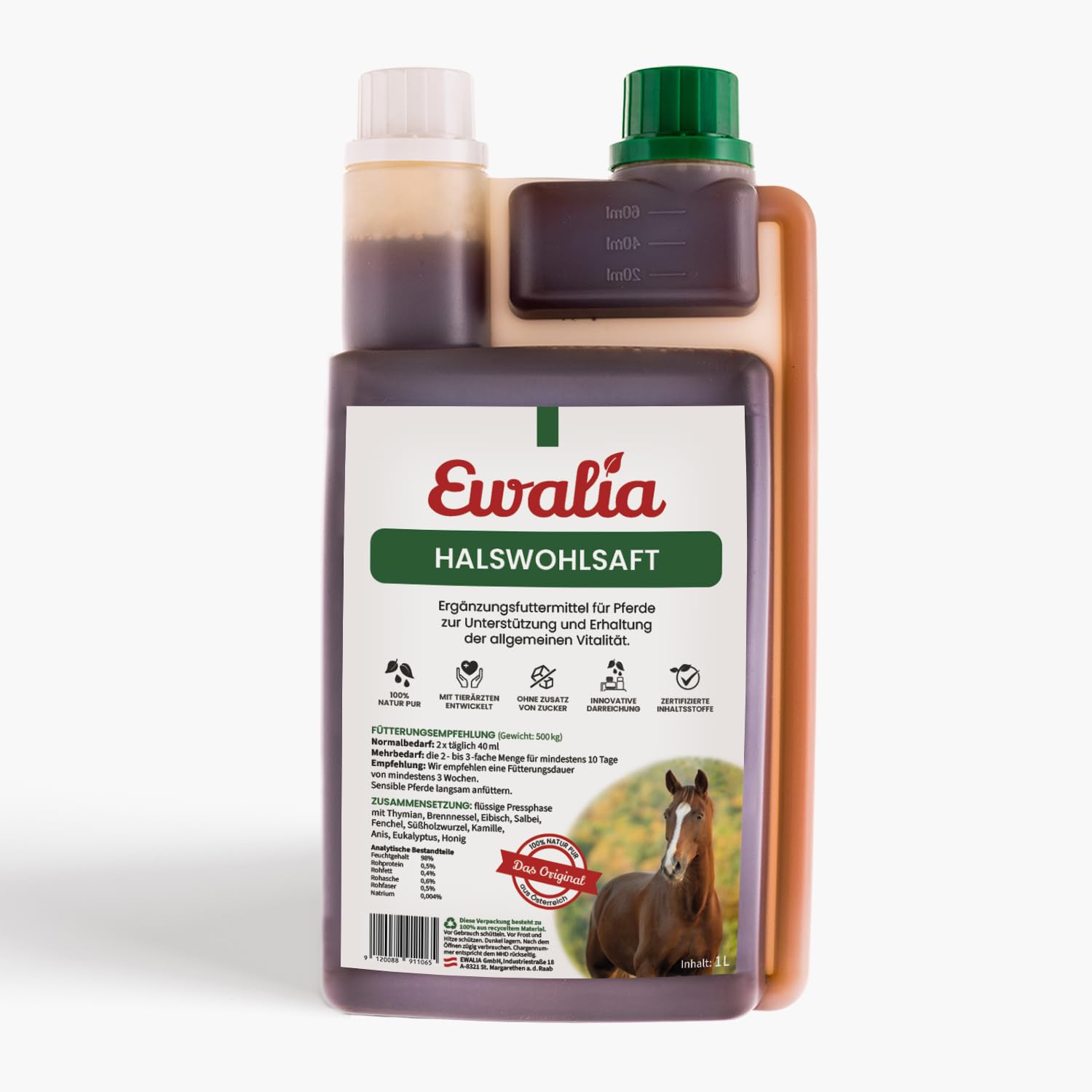 EWALIA Zumo de garganta - Alimento complementario calmante para caballos, promover el bienestar general, fórmula herbal natural para la vitalidad, desarrollado con veterinarios, 1 litro