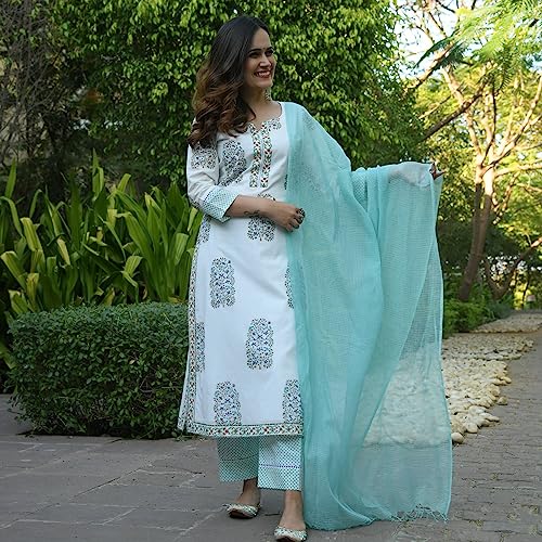 Image of Sidhidata Women's Cotton Blend Printed Kurta Pant and Dupatta Set