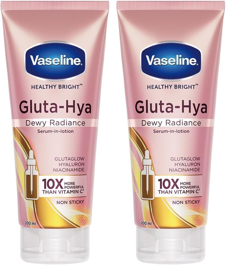 Vaseline Gluta-Hya Dewy Radiance Lotion for Face & Body | Gives Brighter Skin | Glutathione & Niacinamide Infused Moisturizer, 200ml (Pack of 2)