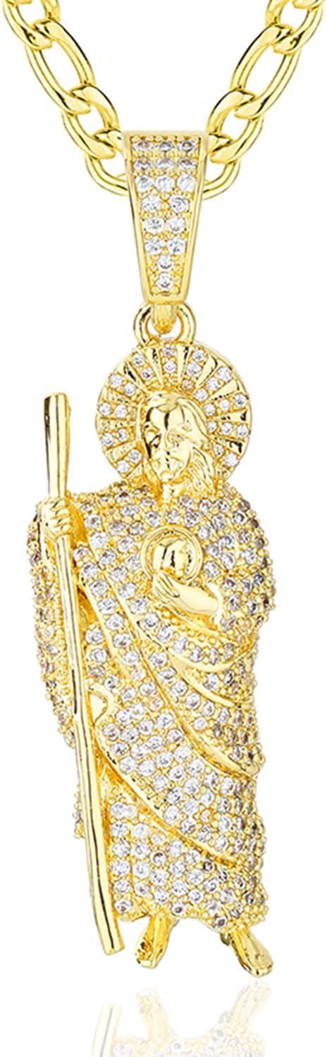 14k Gold Plated Brass Cubic Zirconia Saint Jude San Judas Pendant Necklace Religious San Judas Tadeo Medalla Cadena Oro Laminad