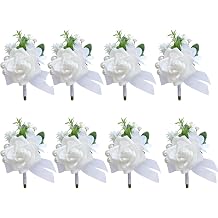 Set of 8 White Rose Boutonniere for Men, Groom Boutonniere Artificial Flowers,Men Wedding Boutonnieres with Pins for Prom Party Homecoming A
