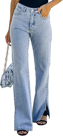 Anna-Kaci Womens Classic Boyfriend Split Jeans High Waist Wide Leg Denim Pants with Pockets