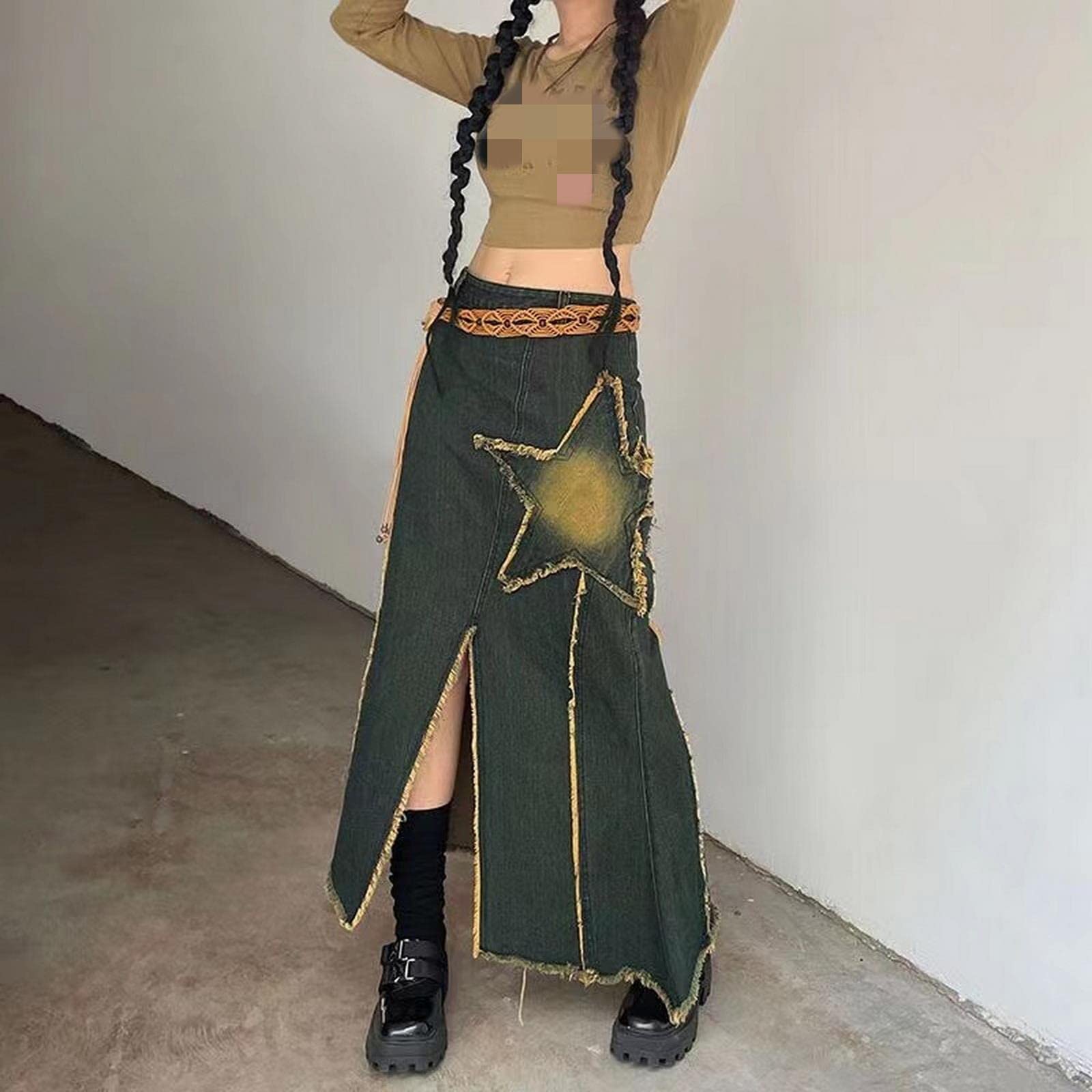 Langer Rock für Damen, Vintage, unregelmäßig, Stern, knielang, Denim, Midi-Rock, hohe Taille, gerade Maxi-Röcke, Blau / Gelb, 44