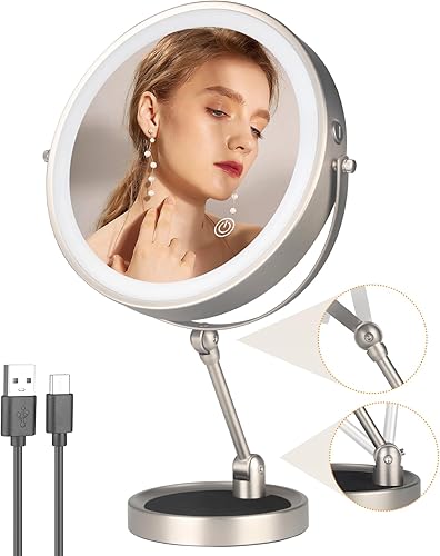 Espejo de aumento iluminado de 9 pulgadas con altura ajustable, espejo de aumento de doble cara 1x10x con luz, espejo giratorio de 360 con soporte,