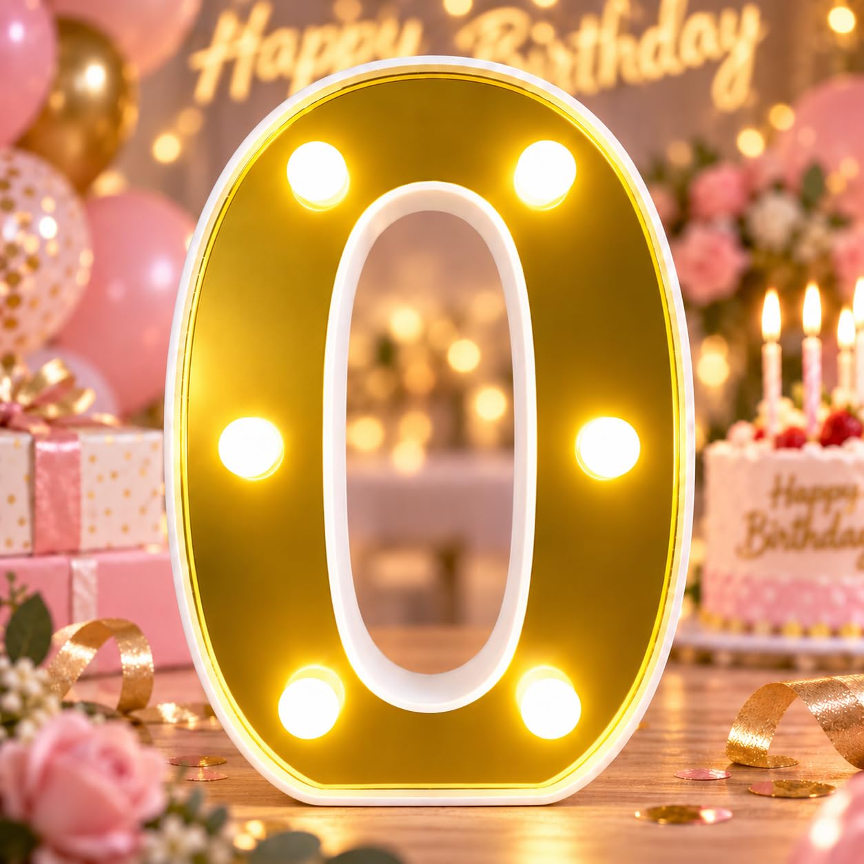 Gold Mirror Light Up Number 0, Warm White LED Birthday Decoration