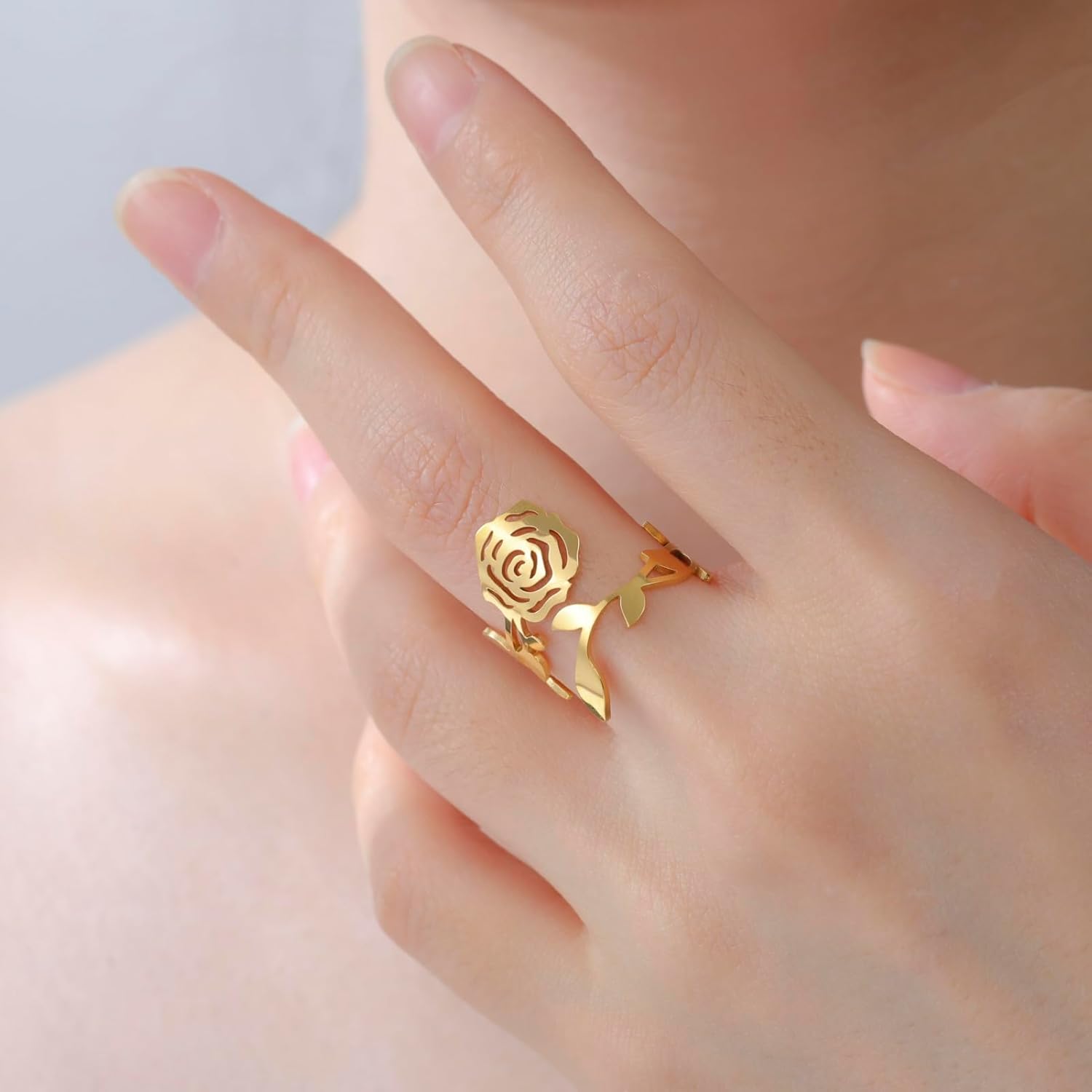 kkjoy Rose Ring Stainless Steel Adjustable Stacking Rose Flower Love Promise Ring for Women Charming Ladies - Image 3