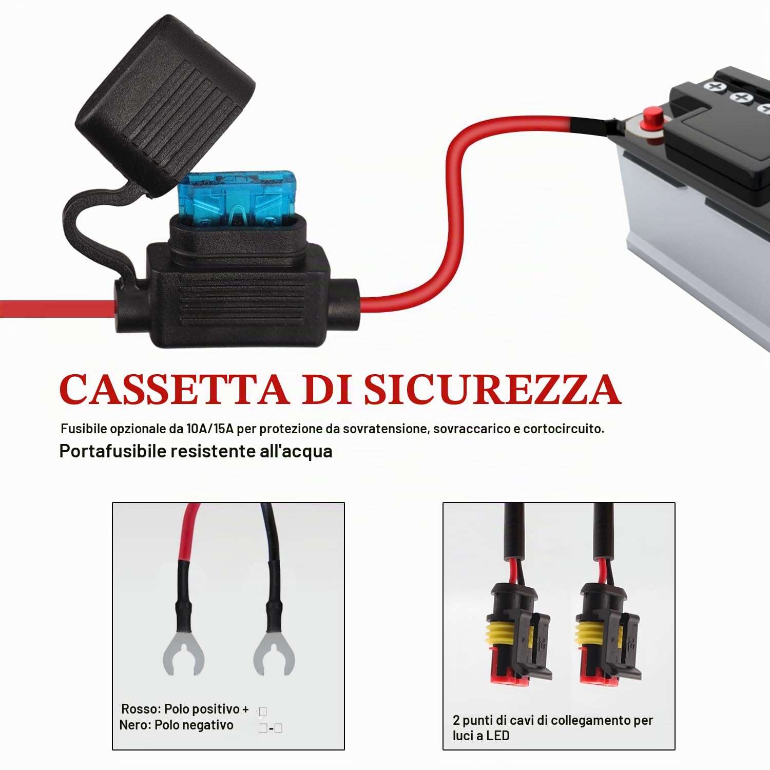 Cablaggio Barra LED Moto, 12V Controllo 2 Lampade, Fusibile 10A/15A Kit relè ON/OFF Impermeabile, per Interruttore Fendinebbia, Luce di Lavoro Aggiuntiva/Fanali Ausiliari, 1 Impostato
