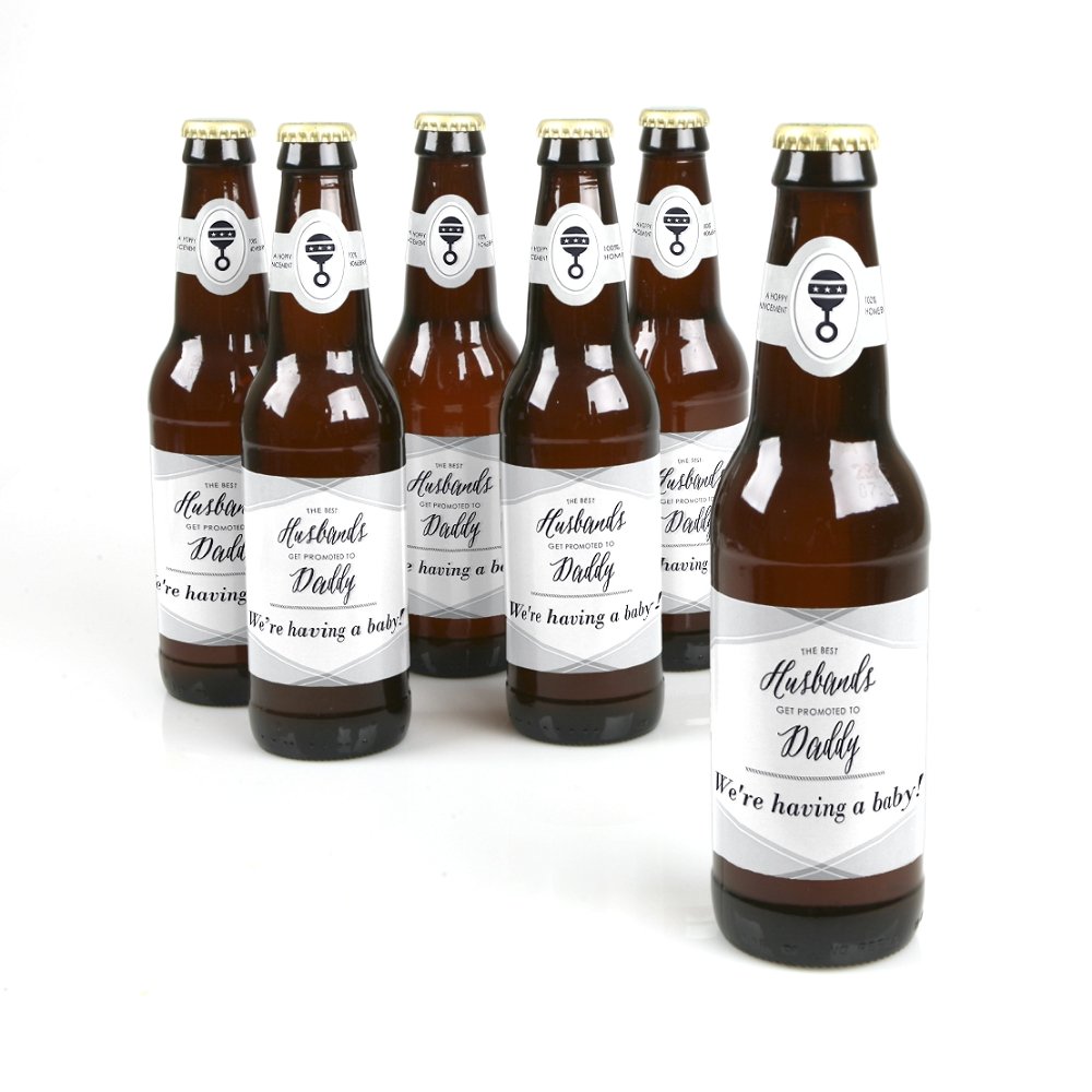 Husbands to Daddy - Pregnancy Announcement Decorations for Men - 6 Beer  Bottle Label Stickers and 1 Carrier